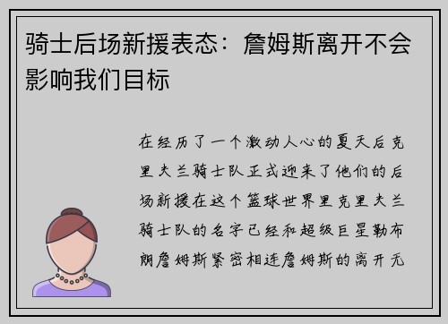 骑士后场新援表态：詹姆斯离开不会影响我们目标